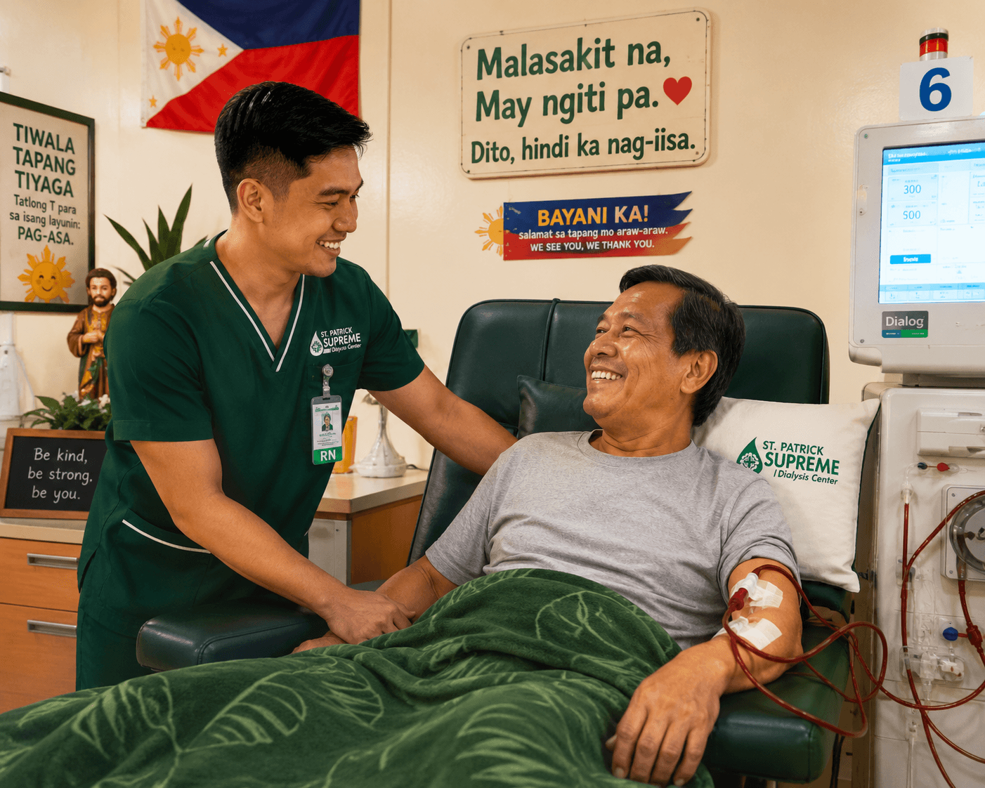 Dialysis patient and caregiver smiling during treatment